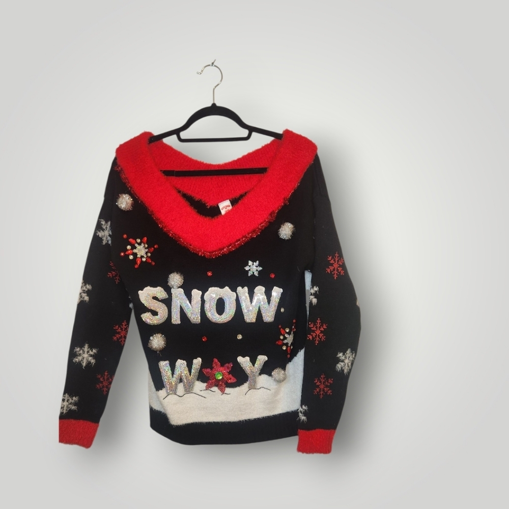 Holiday time SNOWY Ugly Christmas Vivid Colored Stretch Knit Sweater size S 4 6